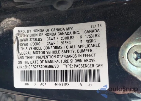 2013 Honda Civic Lx from USA, damaged, VIN 2HGFB2F54DH596770